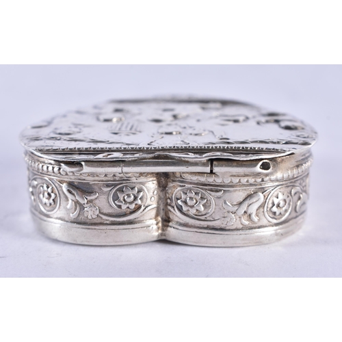 1658 - AN ANTIQUE HEART FORM SILVER BOX. 35.2 grams. 5 cm x 5 cm.