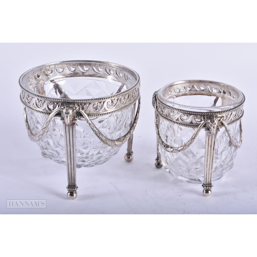 1785 - TWO ANTIQUE CONTINENTAL SILVER AND CUT GLASS BOWLS. Silver 375 grams. Largest 12 cm x 10 cm. (2)