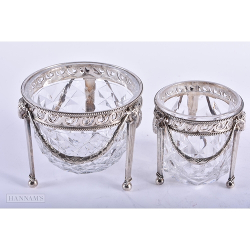 1785 - TWO ANTIQUE CONTINENTAL SILVER AND CUT GLASS BOWLS. Silver 375 grams. Largest 12 cm x 10 cm. (2)