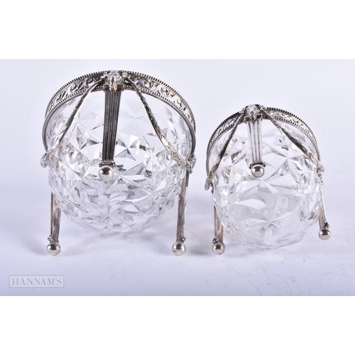 1785 - TWO ANTIQUE CONTINENTAL SILVER AND CUT GLASS BOWLS. Silver 375 grams. Largest 12 cm x 10 cm. (2)