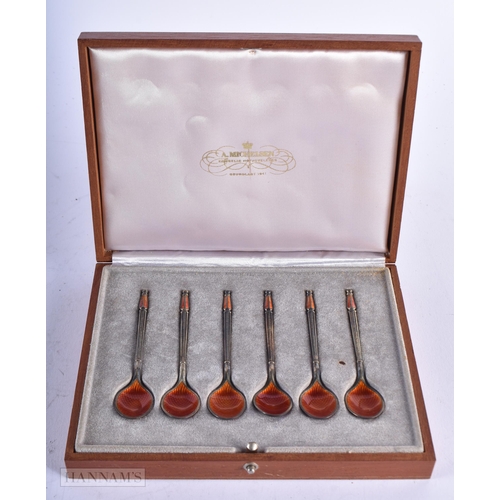 1790 - SIX DANISH SILVER AND ENAMEL SPOONS. 42 grams. 8.5 cm x 1.75 cm. (6)