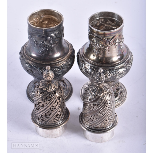 1791 - A PAIR OF GEORGE III SILVER PEPPER POTS. 374 grams. 17 cm high.