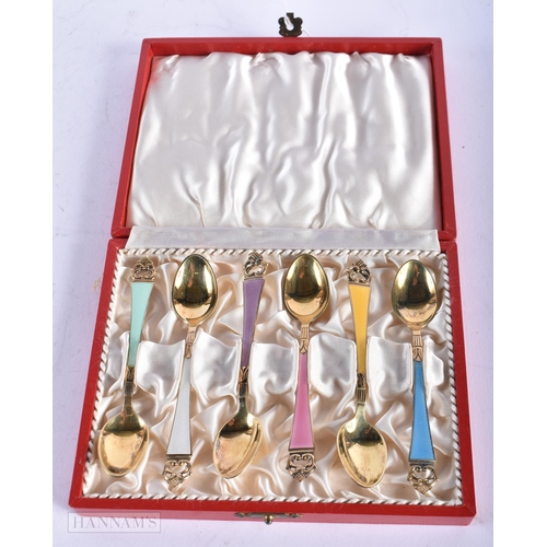 1798 - SIX DANISH SILVER AND ENAMEL SPOONS. 64.3 grams. 11.5 cm x 2.25 cm. (6)