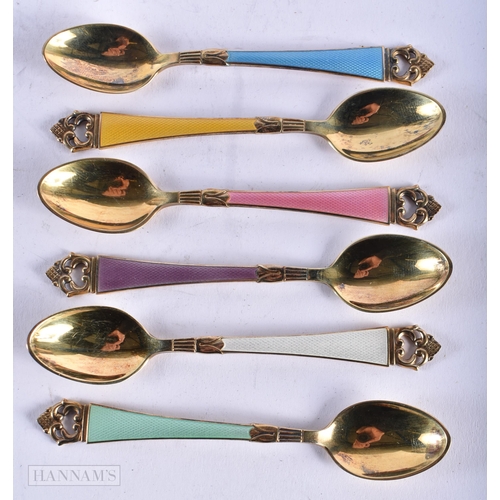 1798 - SIX DANISH SILVER AND ENAMEL SPOONS. 64.3 grams. 11.5 cm x 2.25 cm. (6)