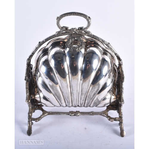 1802 - A VICTORIAN SILVER PLATED SHELL BISCUIT BARREL. 25 cm x 20 cm.