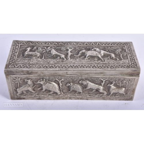 1803 - AN ANTIQUE INDIAN WHITE METAL REPOUSSE BOX. 358 grams. 19 cm x 7 cm.