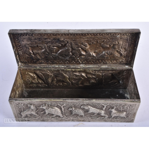 1803 - AN ANTIQUE INDIAN WHITE METAL REPOUSSE BOX. 358 grams. 19 cm x 7 cm.