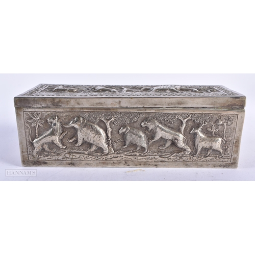 1803 - AN ANTIQUE INDIAN WHITE METAL REPOUSSE BOX. 358 grams. 19 cm x 7 cm.