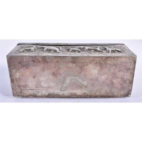 1803 - AN ANTIQUE INDIAN WHITE METAL REPOUSSE BOX. 358 grams. 19 cm x 7 cm.