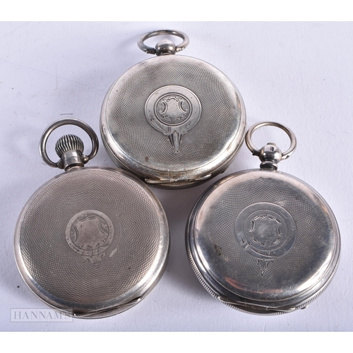 1939 - Three Silver Cased Open Face Pocket Watches. Stamped Sterling & 800.  Largest Dial 5cm.  All running... 