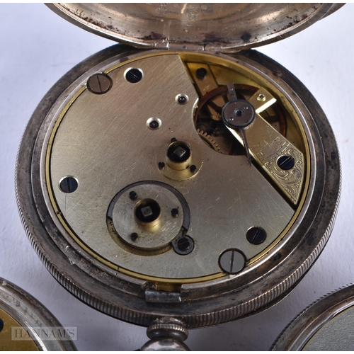 1939 - Three Silver Cased Open Face Pocket Watches. Stamped Sterling & 800.  Largest Dial 5cm.  All running... 