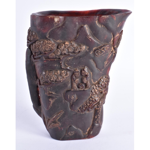 2067 - A CHINESE REPUBLICA PERIOD CARVED BUFFALO HORN LIBATION CUP decorated with figures. 548 grams. 16 cm... 