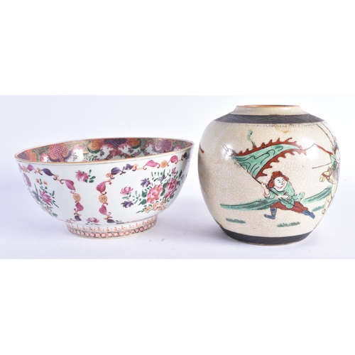 2076 - AN 18TH CENTURY CHINESE EXPORT FAMILLE ROSE PORCELAIN BOWL Qianlong, together with a crackle glazed ... 