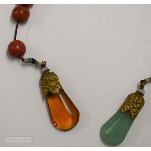 2864 - A 19TH CENTURY CHINESE JADE AND GLASS COURT NECKLACE Qing. 50 cm