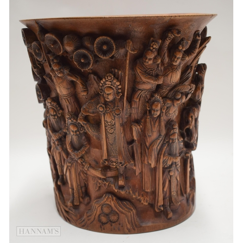 2867 - AN 18TH/19TH CENTURY CHINESE CARVED BAMBOO BRUSH POT Bitong. 21 cm x 20 cm.