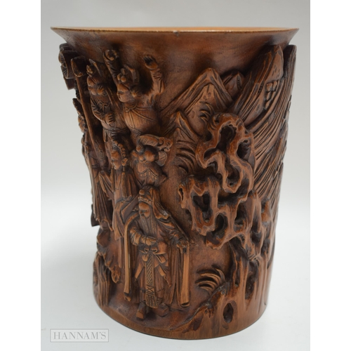 2867 - AN 18TH/19TH CENTURY CHINESE CARVED BAMBOO BRUSH POT Bitong. 21 cm x 20 cm.