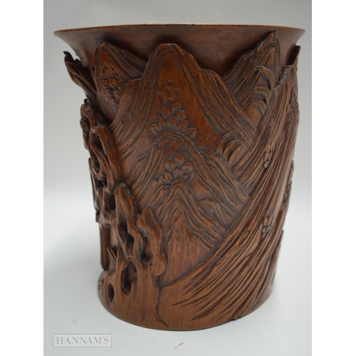 2867 - AN 18TH/19TH CENTURY CHINESE CARVED BAMBOO BRUSH POT Bitong. 21 cm x 20 cm.