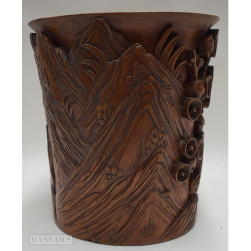 2867 - AN 18TH/19TH CENTURY CHINESE CARVED BAMBOO BRUSH POT Bitong. 21 cm x 20 cm.