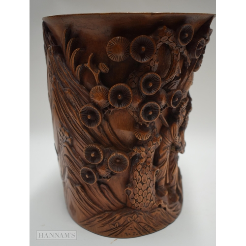 2867 - AN 18TH/19TH CENTURY CHINESE CARVED BAMBOO BRUSH POT Bitong. 21 cm x 20 cm.