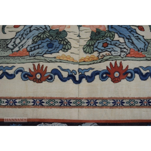 2869 - A FINE 19TH CENTURY CHINESE KESI SILK LANDSCAPE PANEL Qing, within a rich blue banding of flowers. 6... 