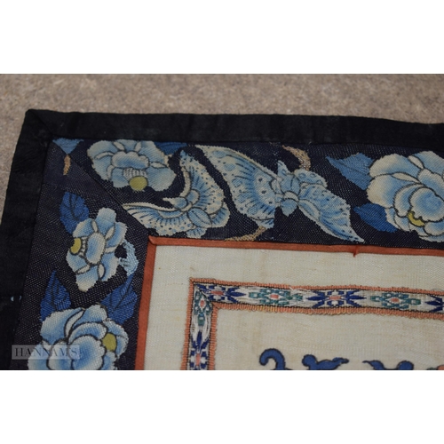 2869 - A FINE 19TH CENTURY CHINESE KESI SILK LANDSCAPE PANEL Qing, within a rich blue banding of flowers. 6... 