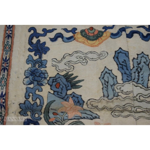 2869 - A FINE 19TH CENTURY CHINESE KESI SILK LANDSCAPE PANEL Qing, within a rich blue banding of flowers. 6... 