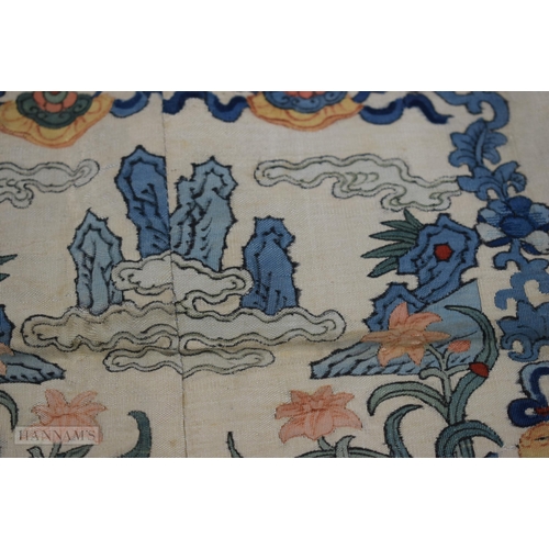 2869 - A FINE 19TH CENTURY CHINESE KESI SILK LANDSCAPE PANEL Qing, within a rich blue banding of flowers. 6... 