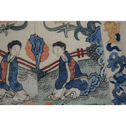 2869 - A FINE 19TH CENTURY CHINESE KESI SILK LANDSCAPE PANEL Qing, within a rich blue banding of flowers. 6... 