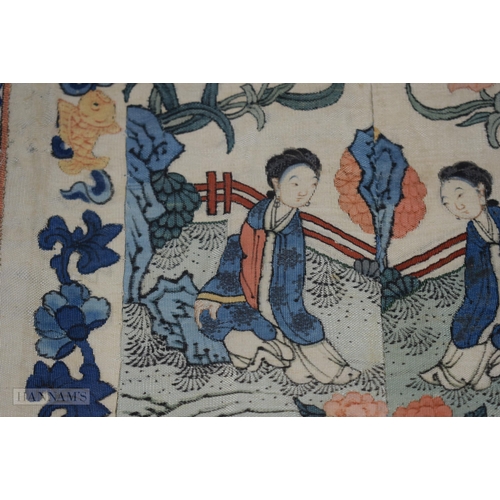 2869 - A FINE 19TH CENTURY CHINESE KESI SILK LANDSCAPE PANEL Qing, within a rich blue banding of flowers. 6... 