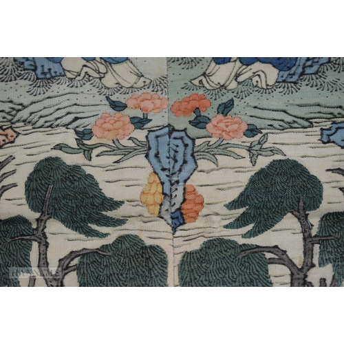 2869 - A FINE 19TH CENTURY CHINESE KESI SILK LANDSCAPE PANEL Qing, within a rich blue banding of flowers. 6... 