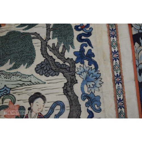 2869 - A FINE 19TH CENTURY CHINESE KESI SILK LANDSCAPE PANEL Qing, within a rich blue banding of flowers. 6... 