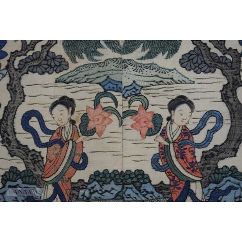 2869 - A FINE 19TH CENTURY CHINESE KESI SILK LANDSCAPE PANEL Qing, within a rich blue banding of flowers. 6... 