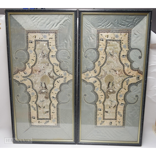 2870 - A PAIR OF 19TH CENTURY CHINESE FRAMED SILK EMBROIDERED PANELS Qing, depicting birds. 67 cm x 34 cm.