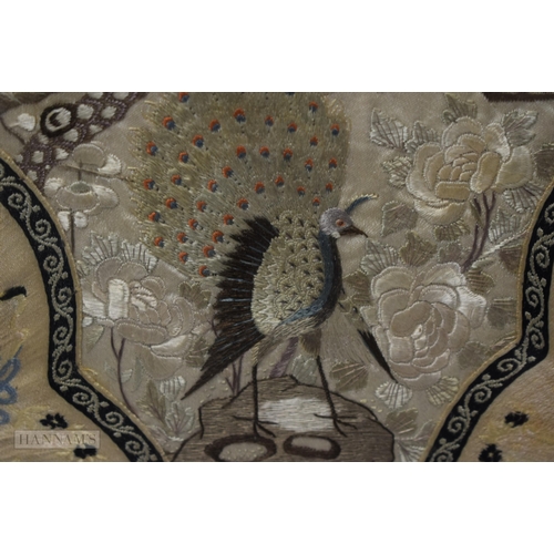 2870 - A PAIR OF 19TH CENTURY CHINESE FRAMED SILK EMBROIDERED PANELS Qing, depicting birds. 67 cm x 34 cm.