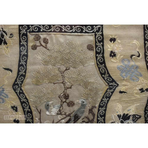 2870 - A PAIR OF 19TH CENTURY CHINESE FRAMED SILK EMBROIDERED PANELS Qing, depicting birds. 67 cm x 34 cm.