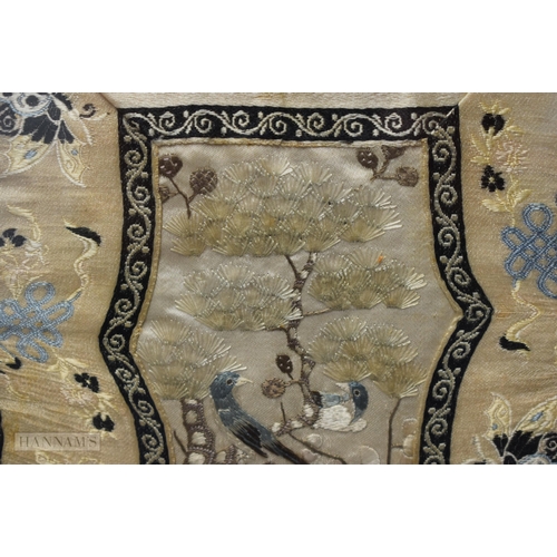 2870 - A PAIR OF 19TH CENTURY CHINESE FRAMED SILK EMBROIDERED PANELS Qing, depicting birds. 67 cm x 34 cm.