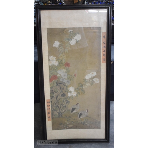 2872 - A FINE 19TH CENTURY CHINESE PAINTED WATERCOLOUR FLORAL PANEL Qing. 132 cm x 65 cm.