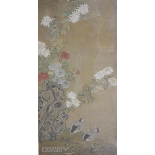 2872 - A FINE 19TH CENTURY CHINESE PAINTED WATERCOLOUR FLORAL PANEL Qing. 132 cm x 65 cm.