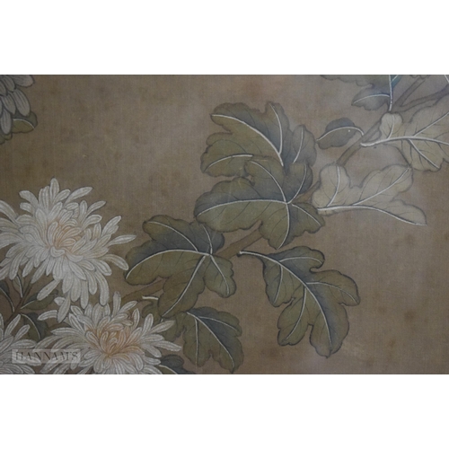 2872 - A FINE 19TH CENTURY CHINESE PAINTED WATERCOLOUR FLORAL PANEL Qing. 132 cm x 65 cm.