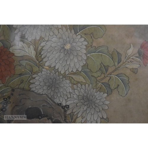 2872 - A FINE 19TH CENTURY CHINESE PAINTED WATERCOLOUR FLORAL PANEL Qing. 132 cm x 65 cm.