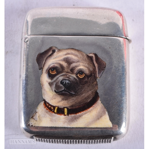 2876 - A Victorian Silver Vesta Hallmarked London 1884 with an Enamel Cabuchon of a Pug Dog.  5cm x 3.8cm x... 