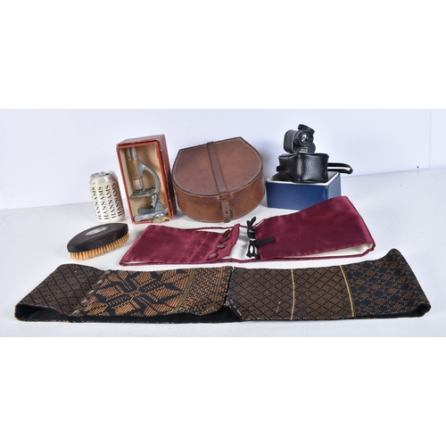 3056 - A vintage leather collar box together with a cased minocular, boxed Microscope and a clothes brush w... 