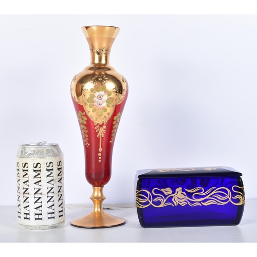 3074 - A Venetian glass vase decorated with Gilt flowers together with a a Bohemian cobalt blue lidded box ... 