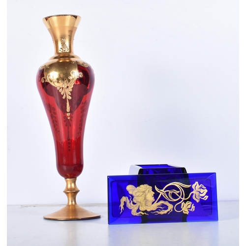 3074 - A Venetian glass vase decorated with Gilt flowers together with a a Bohemian cobalt blue lidded box ... 