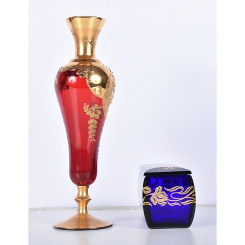 3074 - A Venetian glass vase decorated with Gilt flowers together with a a Bohemian cobalt blue lidded box ... 