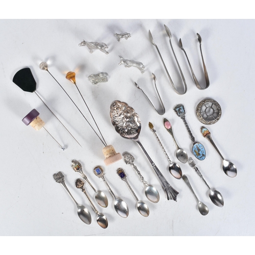 3081 - A miscellaneous collection of silver plated items, antique hat pins, metal animals etc 24cm (Qty).