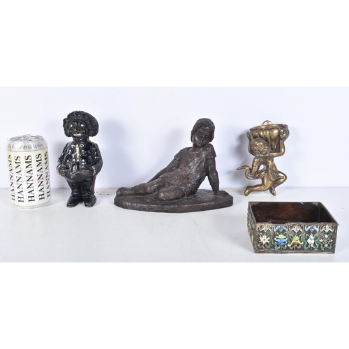 3083 - A vintage cold painted money box together with a small brass font, metal figure of a girl etc 15cm