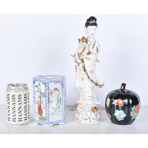 3088 - A Chinese Republican Figure of a female together with a Famille Noire Pumpkin vase and a Famille Ros... 