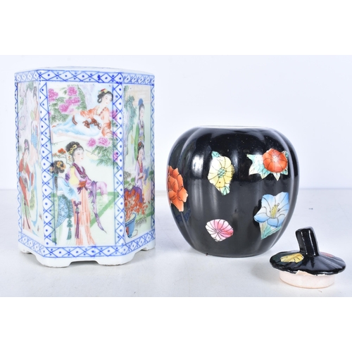 3088 - A Chinese Republican Figure of a female together with a Famille Noire Pumpkin vase and a Famille Ros... 