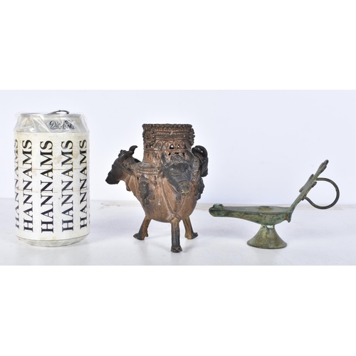 3095 - An early Central Asian bronze burner together with a small bronze oil lamp 11cm (2)